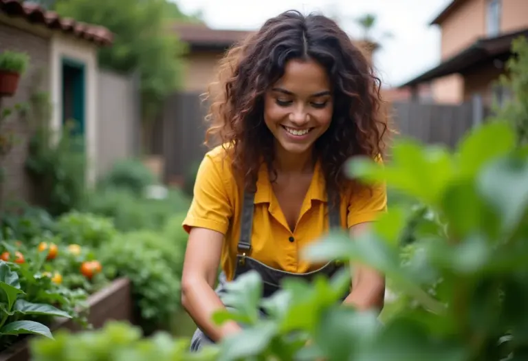 Mulher jovem e sorridente cuidando de sua horta caseira.