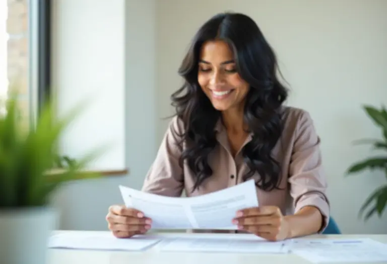 Mulher jovem e sorridente revisando documentos financeiros em sua mesa.