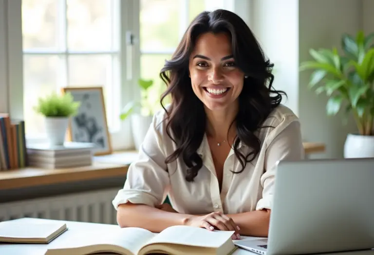 Mulher jovem empreendedora sorrindo em seu escritório.