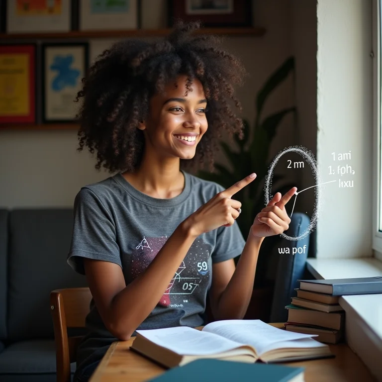 Mulher jovem sorrindo e apontando para um diagrama de ano-luz.