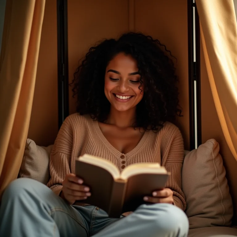 Mulher lendo em cantinho de leitura com biombo.