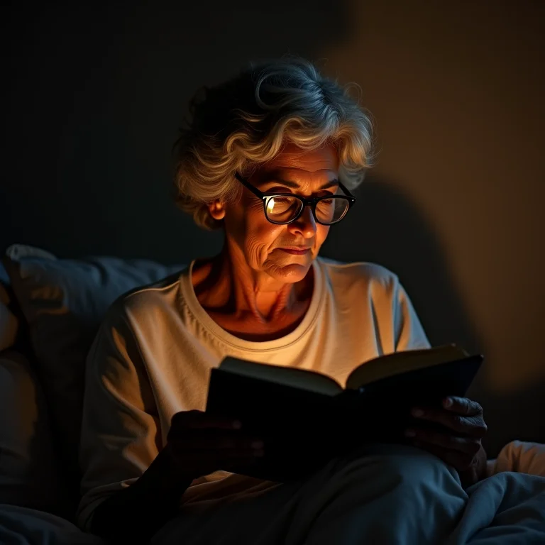 Mulher lendo livro com abajur de luz indireta