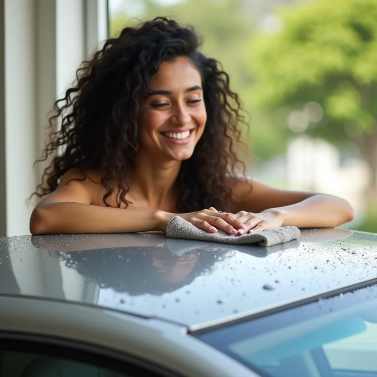 Mulher limpando carro com pintura vitrificada.