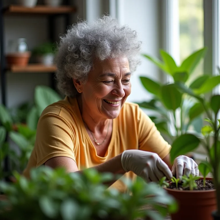 Mulher madura adubando plantas em seu jardim de inverno.