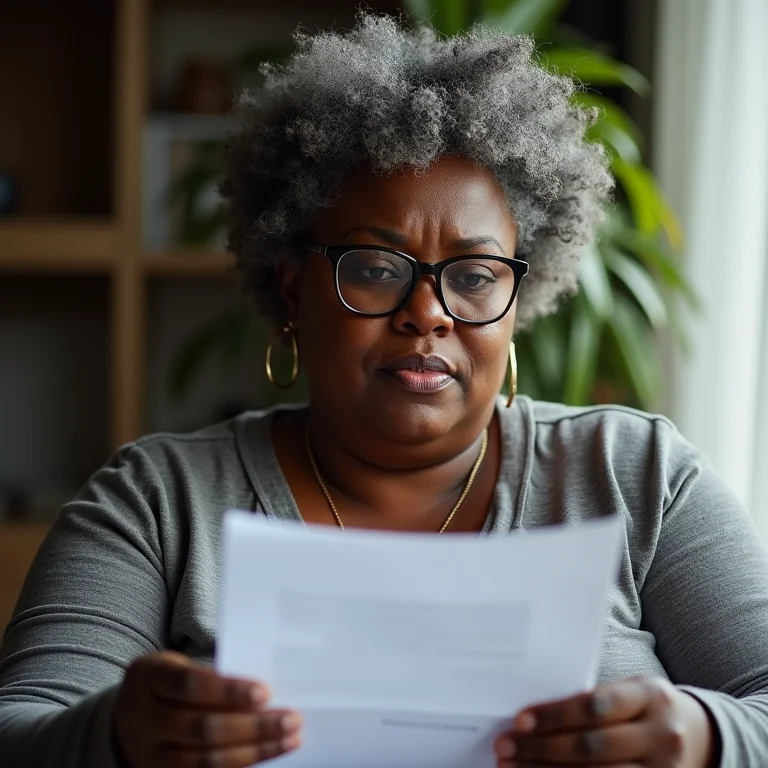 Mulher madura analisando contrato