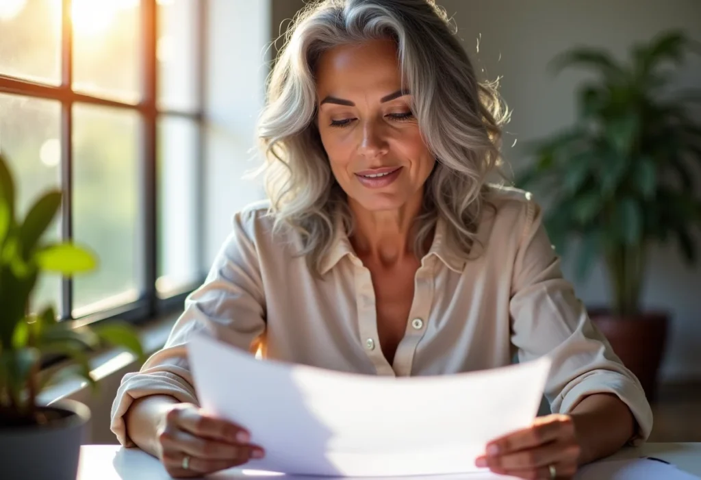 Especulação imobiliária: Entenda TUDO antes de investir (ou não) Mulher madura analisando documentos imobiliários em escritório ensolarado.