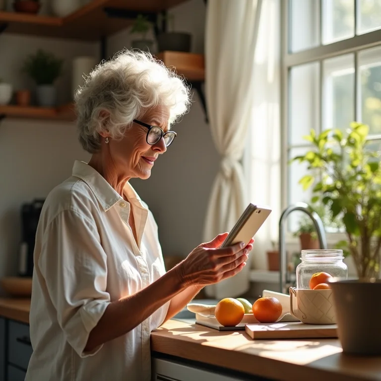 Mulher madura analisando rótulo de produto natural.
