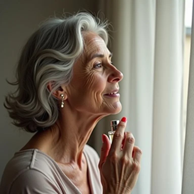 Mulher madura aplicando perfume no pescoço