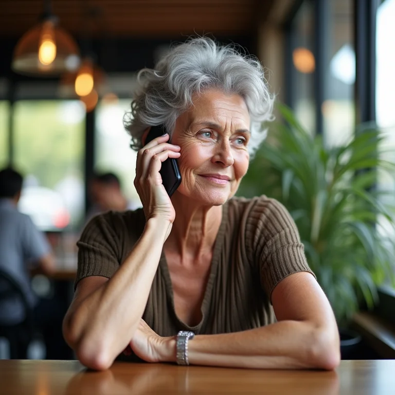 Mulher madura branca conversando ao telefone sobre alternativas de crédito