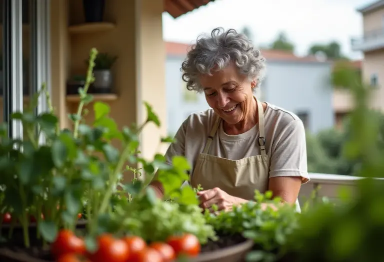 Mulher madura cuidando de horta em sistema de mechas na varanda
