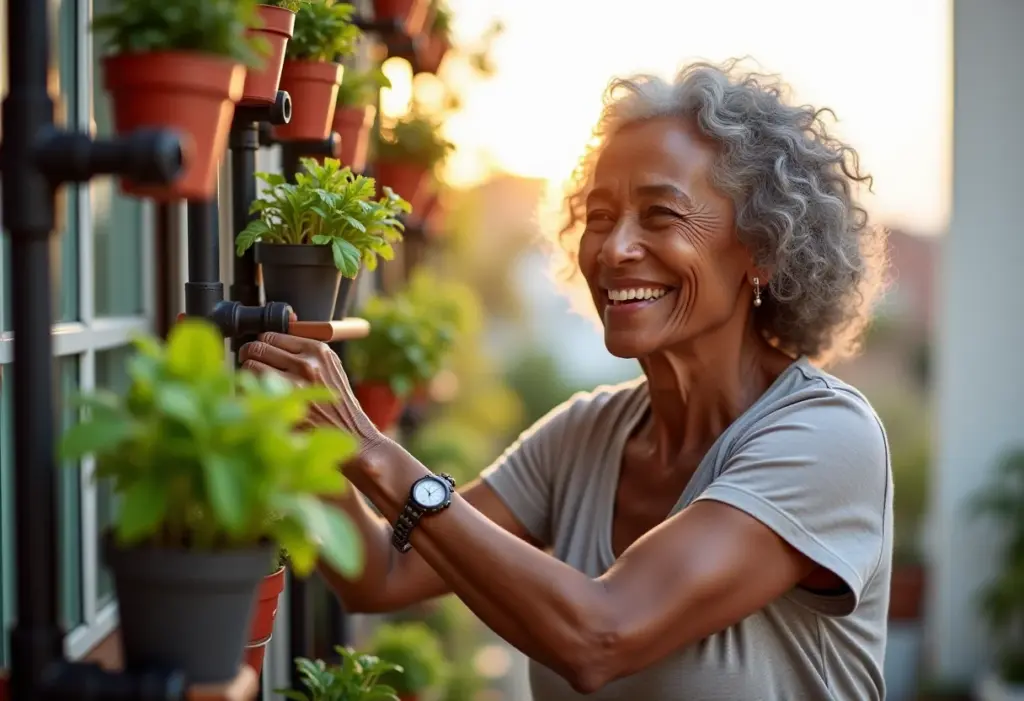 Horta Suspensa de Cano PVC: O Guia Definitivo Para Iniciantes Mulher madura cuidando de horta vertical de cano PVC