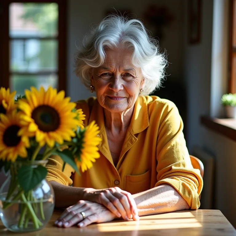 Mulher madura decorando com girassóis