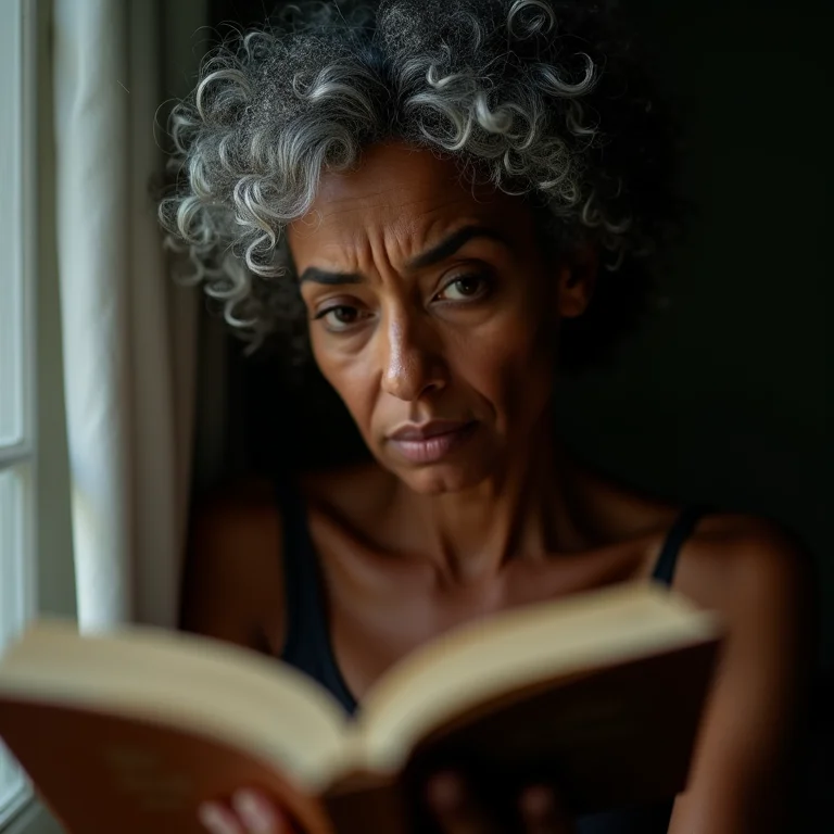 Mulher madura desconfiada lendo livro com título chamativo.