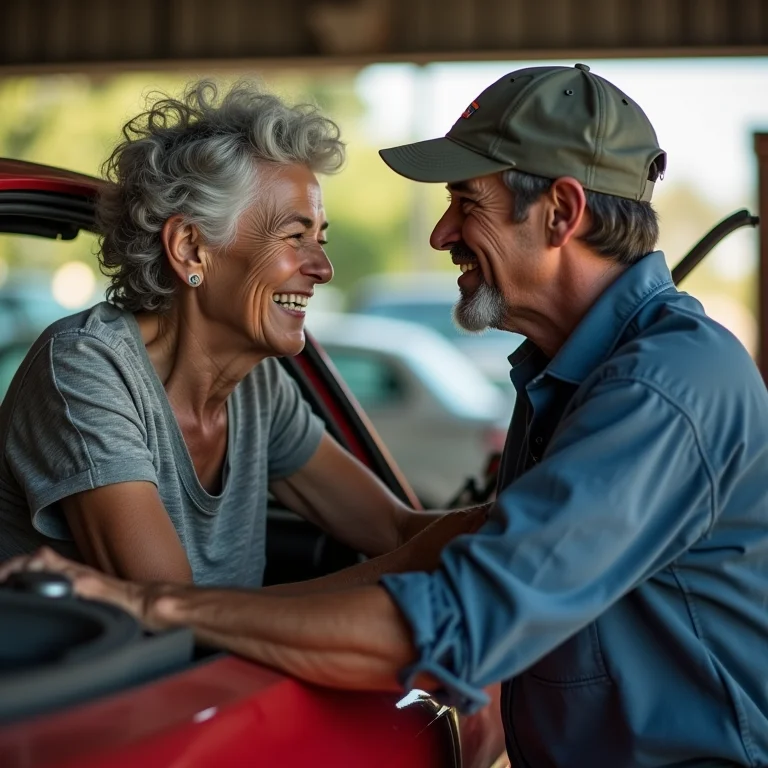 Mulher madura e estilosa curtindo customizar seu carro com suspensão a ar.