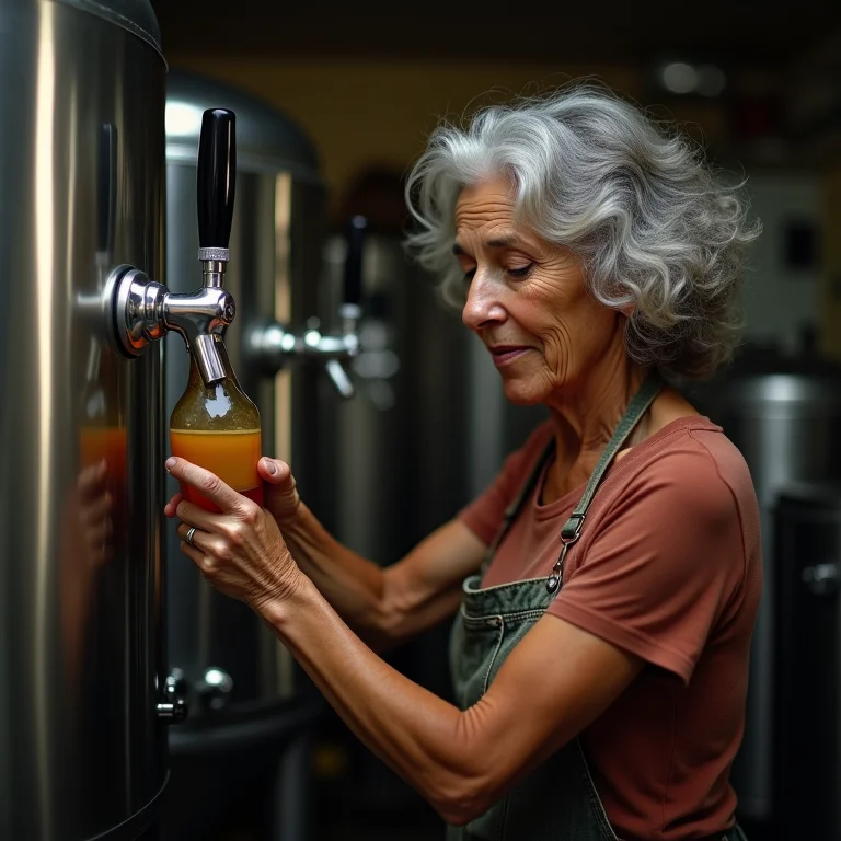 Mulher madura envazando cerveja artesanal com máquina de envase.