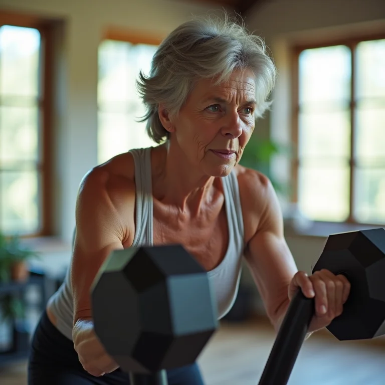 Mulher madura fazendo remada com halteres em casa