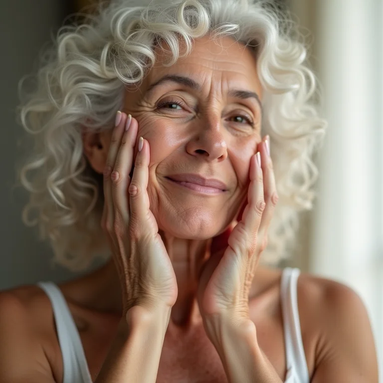 Mulher madura hidratando pele seca com probióticos