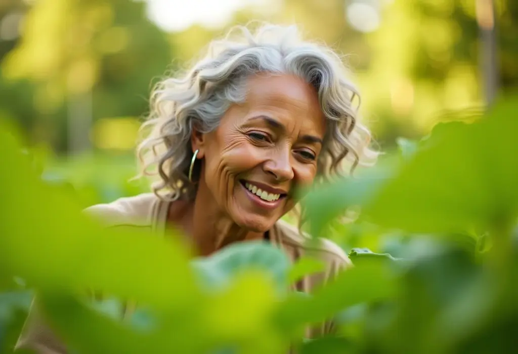 Irrigação para horta: O segredo para colheitas abundantes Mulher madura inspecionando sua horta exuberante