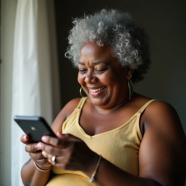 Mulher madura mostrando app NFS-e no celular.