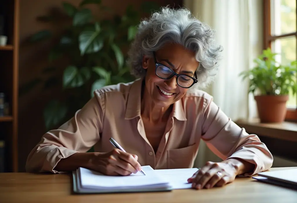 Testamento: O guia definitivo para proteger seus bens e sua família Mulher madura negra revisando documentos em escritório ensolarado