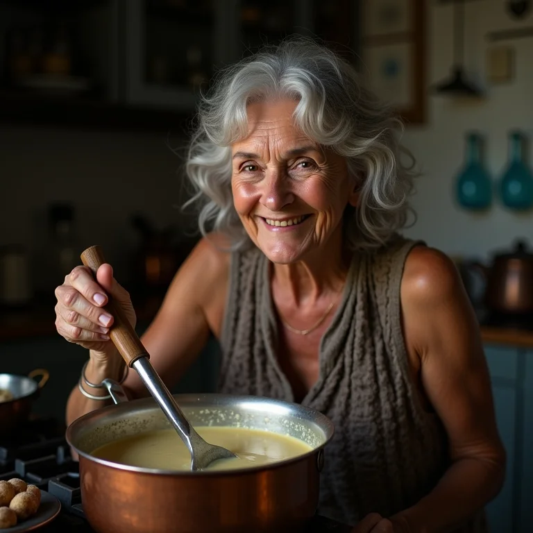 Mulher madura preparando cocada cremosa caseira.