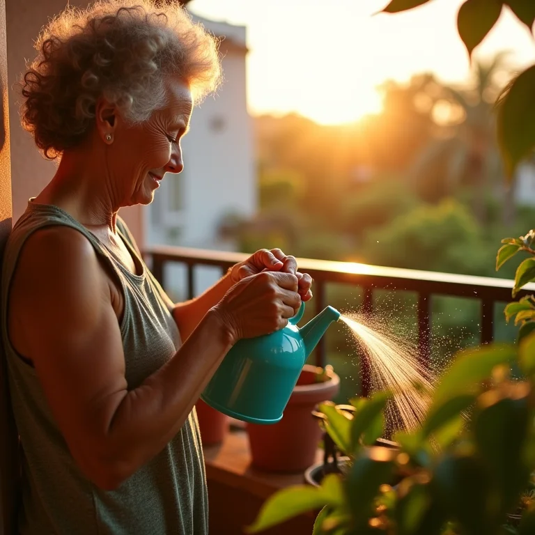 Mulher madura regando pimenta de cheiro em varanda ensolarada.
