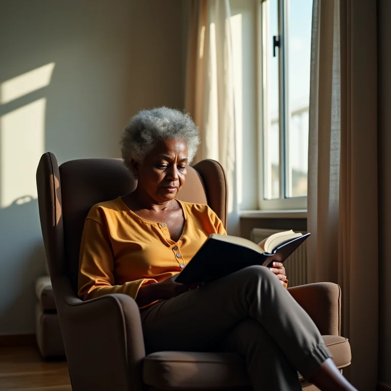 Mulher madura relaxando em poltrona compacta na sala.