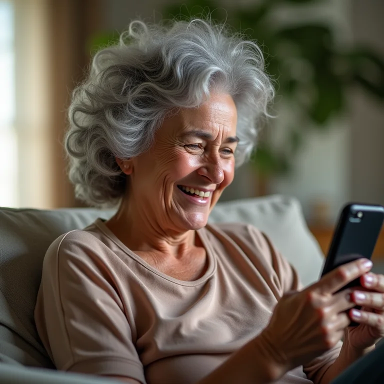 Mulher madura rindo de meme no celular
