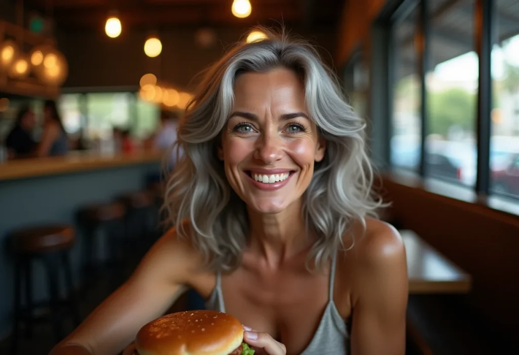 Decoração de hamburgueria: 5 erros que afastam seus clientes Mulher madura sorrindo em hamburgueria moderna