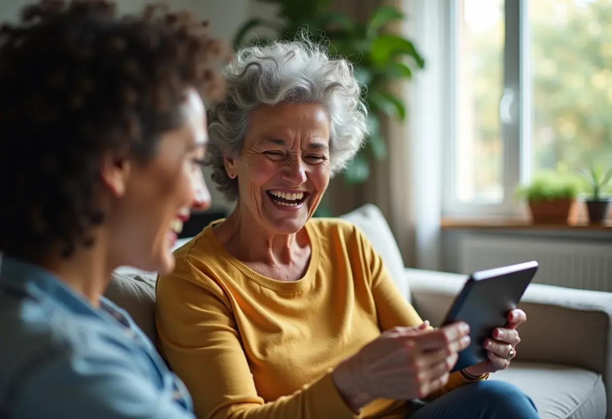 Mulher madura sorrindo em video chamada.