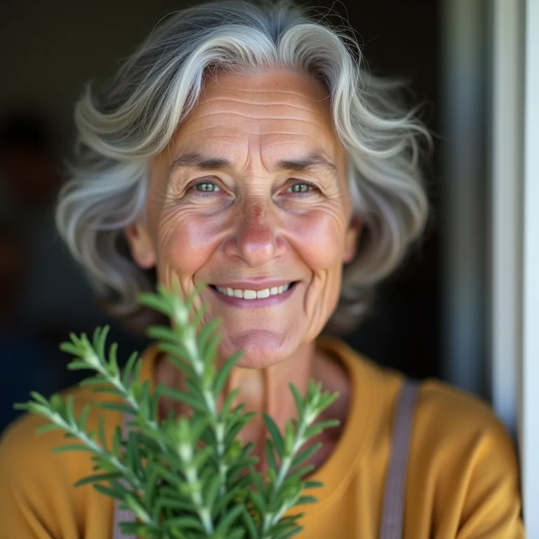 Mulher madura sorrindo enquanto segura um vaso de alecrim