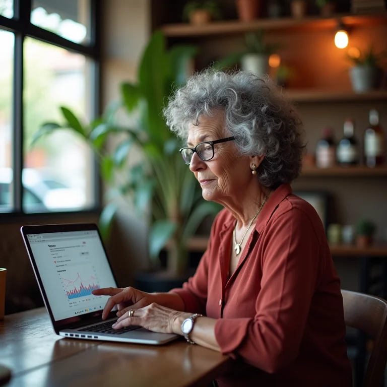 Mulher madura usando o Google Trends no laptop em um café.