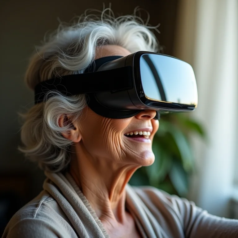 Mulher madura usando óculos de realidade virtual.