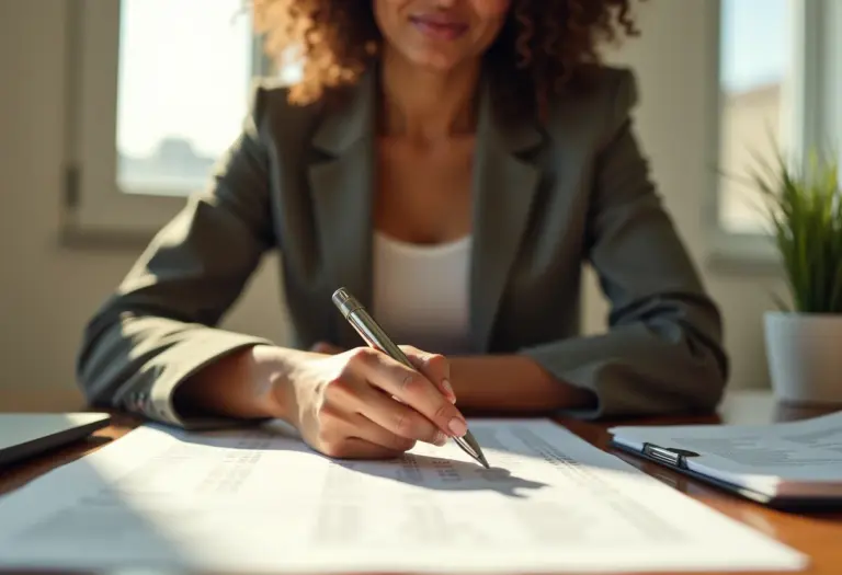 Mulher MEI analisando finanças com confiança