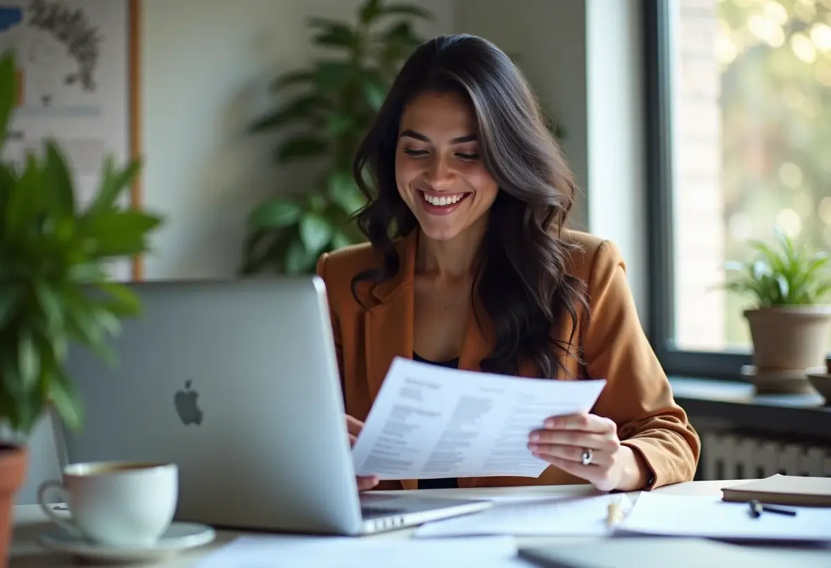 Mulher MEI sorrindo analisando documentos financeiros