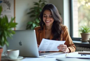 Mulher MEI sorrindo analisando documentos financeiros