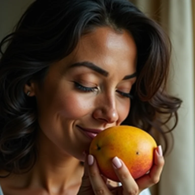 Mulher morena cheirando uma manga madura