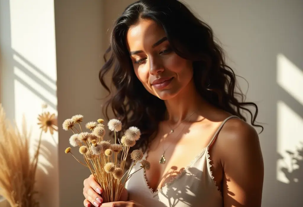 Mulher morena criando um arranjo floral vintage com flores secas.