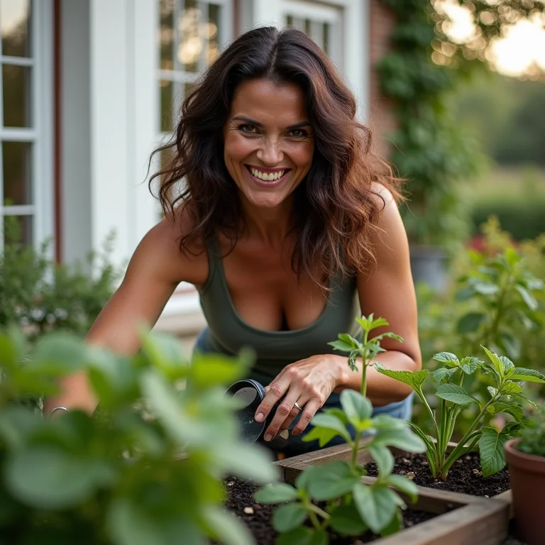 Mulher morena cuidando de canteiro elevado