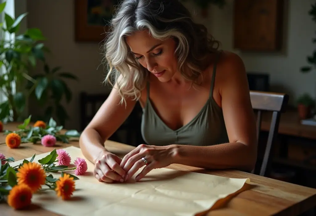 Prensa de Flores: O segredo para eternizar suas memórias florais Mulher morena de meia-idade prensando flores em casa