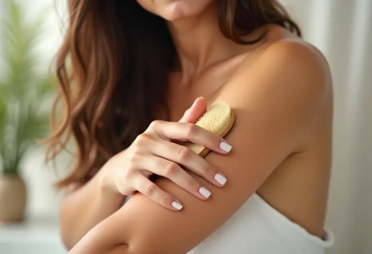 Mulher morena esfoliando o braço com escova natural