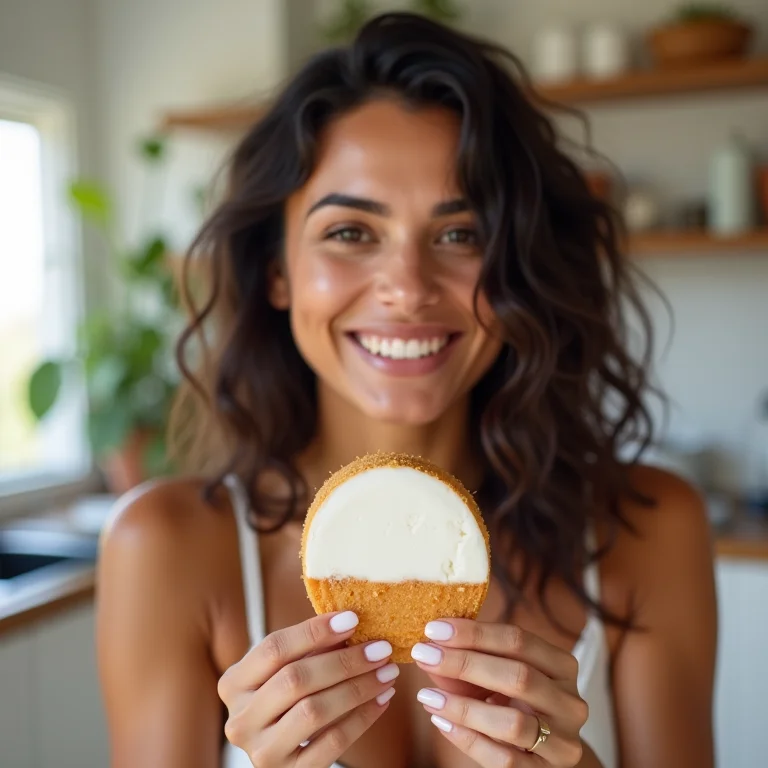 Mulher morena saboreando bolo de coco gelado caseiro.
