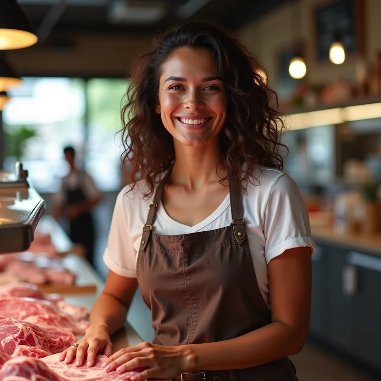 Mulher navegando por açougue bem organizado