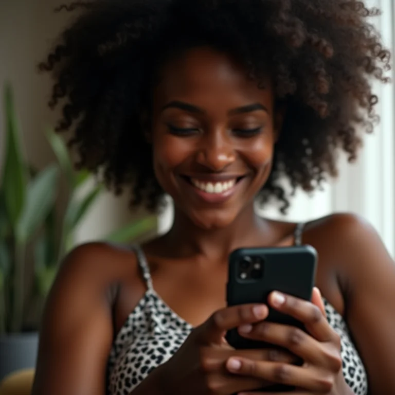 Mulher negra adicionando contato à lista de e-mails no celular