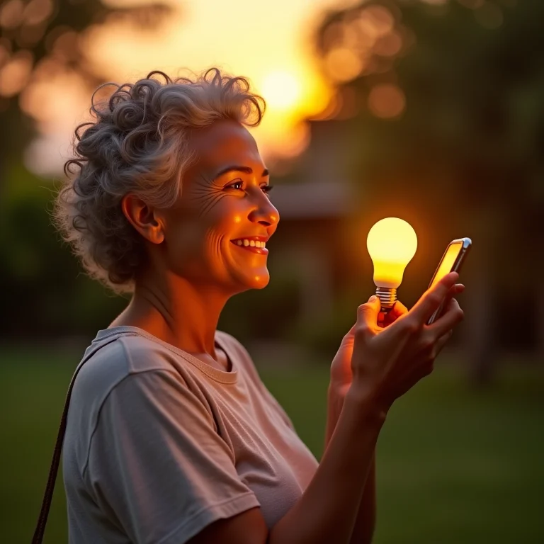 Mulher negra ajustando temperatura de cor de lâmpada de jardim pelo celular
