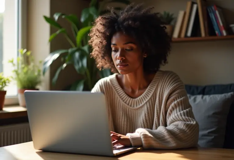Mulher negra analisando dados financeiros no laptop.