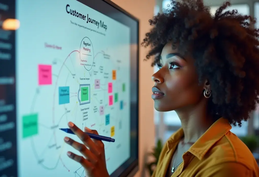 Mulher negra analisando jornada do cliente em monitor.