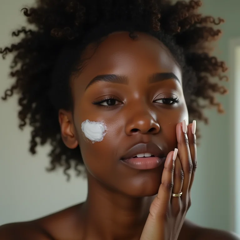 Mulher negra aplicando creme probiótico em pele acneica