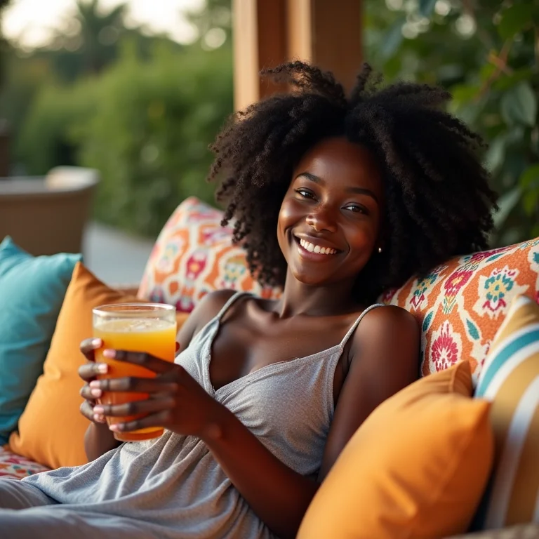 Mulher negra aproveitando o conforto de um sofá de jardim com almofadas vibrantes.