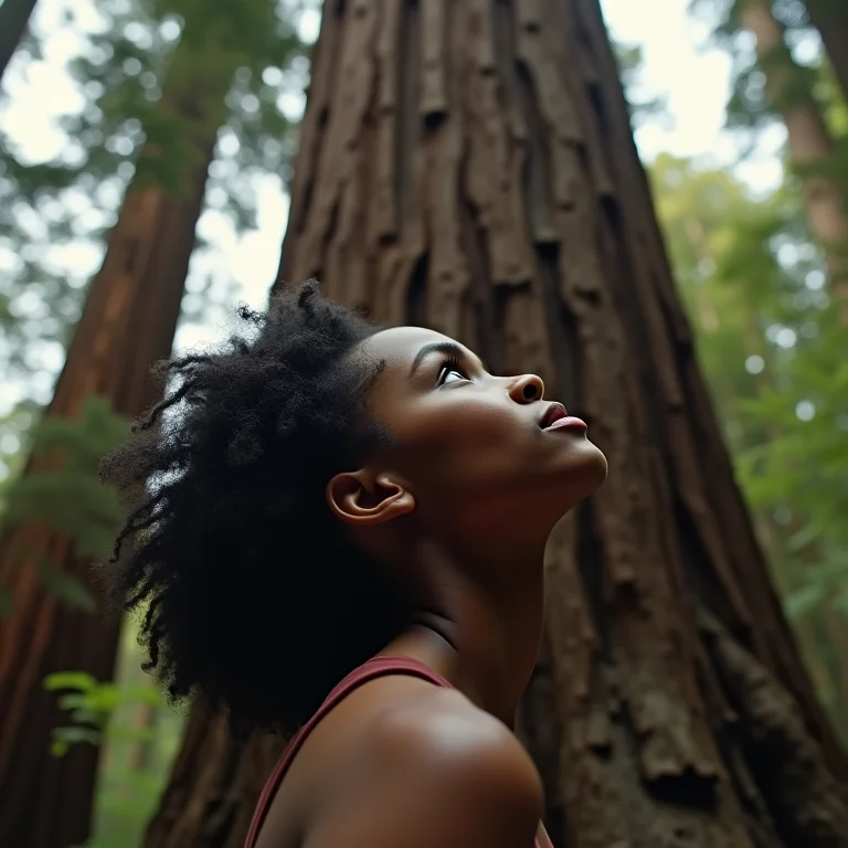 Mulher negra brasileira admirada com uma árvore gigante.